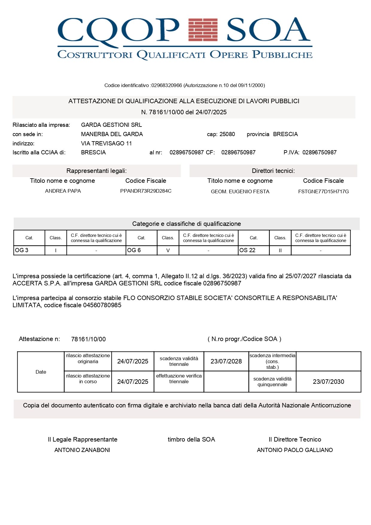 Attestato di qualificazione per lavori pubblici rilasciato a Garda Gestioni SRL