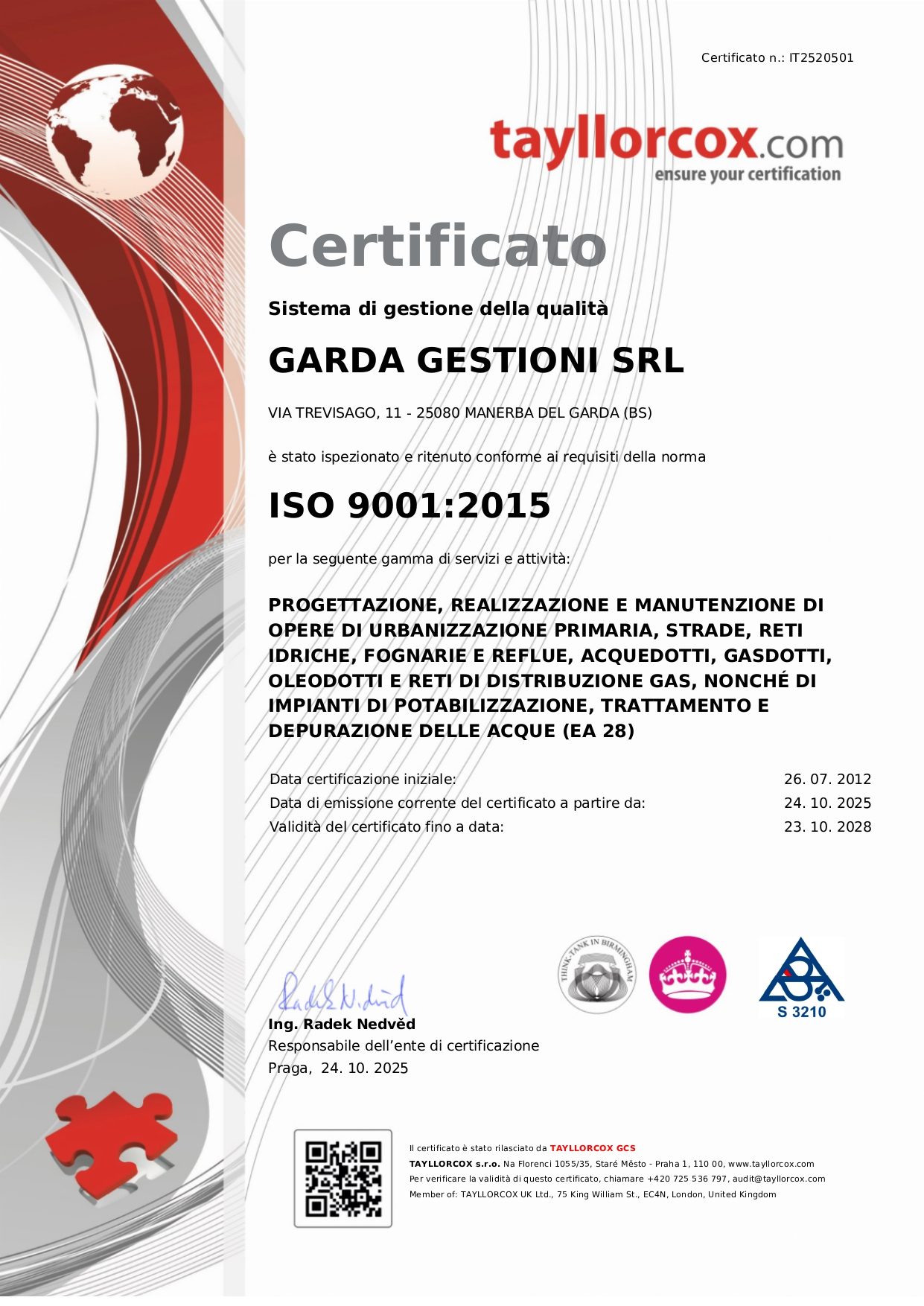 Certificato ISO 9001:2015 di Garda Gestioni SRL per qualità e servizi ambientali