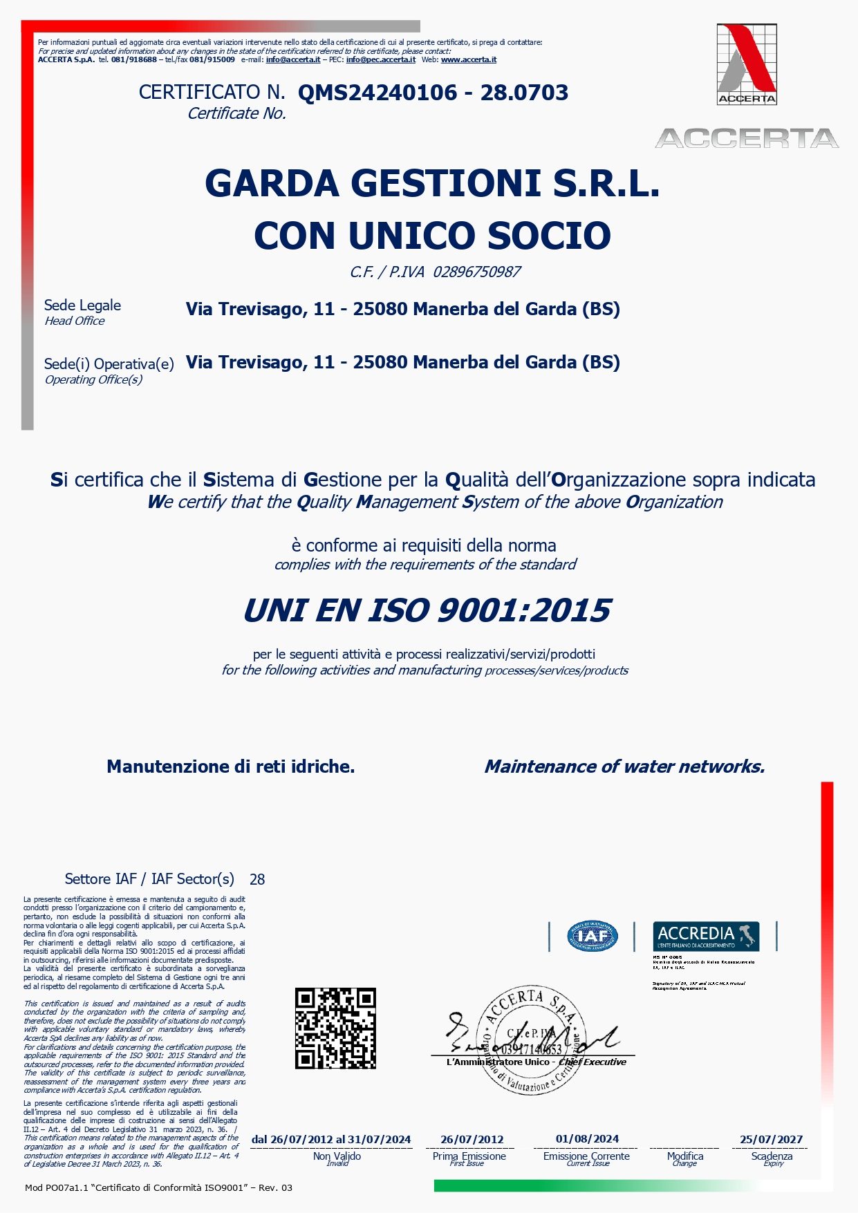 Certificato ISO 9001 di Garda Gestioni SRL per la manutenzione reti idriche