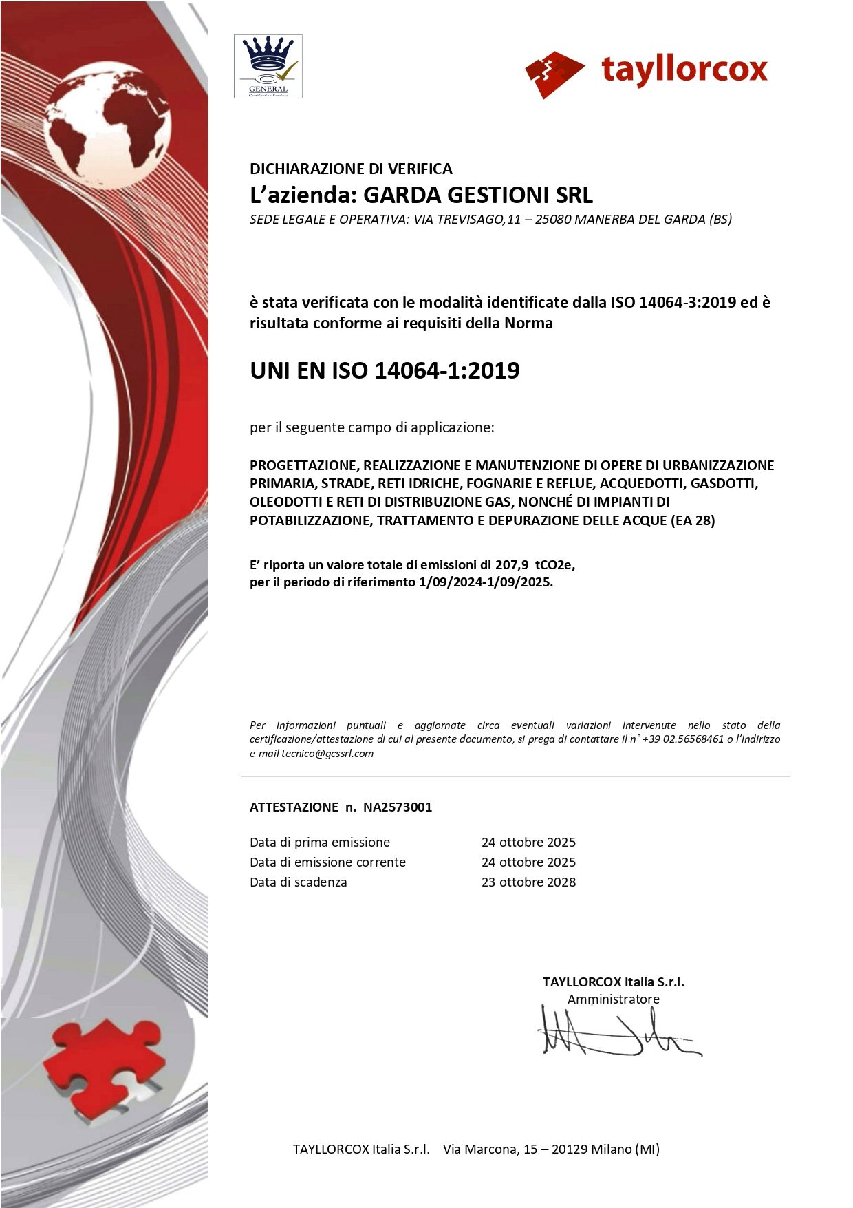 Certificazione ISO 14064 per Garda Gestioni SRL rilasciata da TAYLLORCOX
