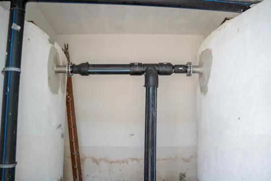 Collegamento di tubature industriali tra due serbatoi in cemento